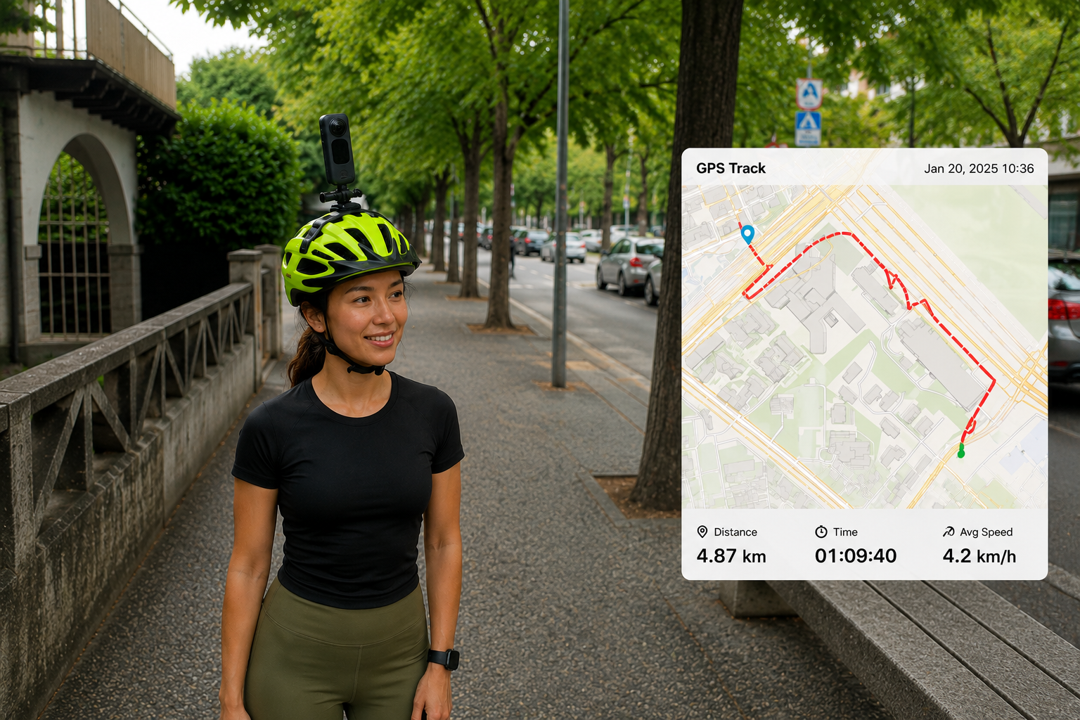 A mapper walking a tree-lined footpath with a helmet-mounted 360° camera, with a GPS track overlay